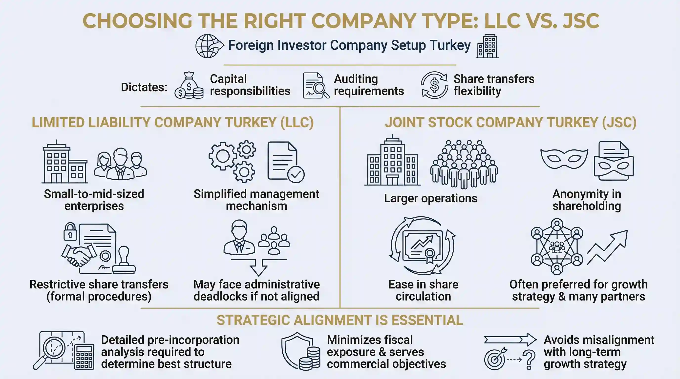 Comparison chart between Limited Liability Company (LLC) and Joint Stock Company (JSC) in Turkey, highlighting capital requirements and share transfer rules.
