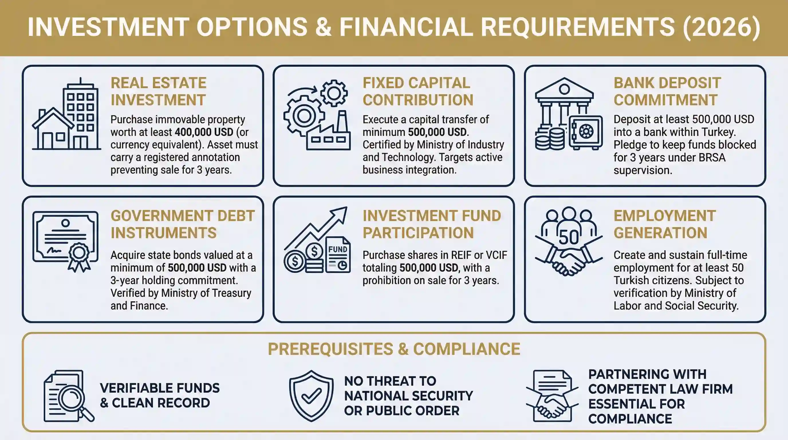 Chart showing 2026 financial requirements and 6 investment options for Turkish Citizenship, including Real Estate and Bank Deposit thresholds.